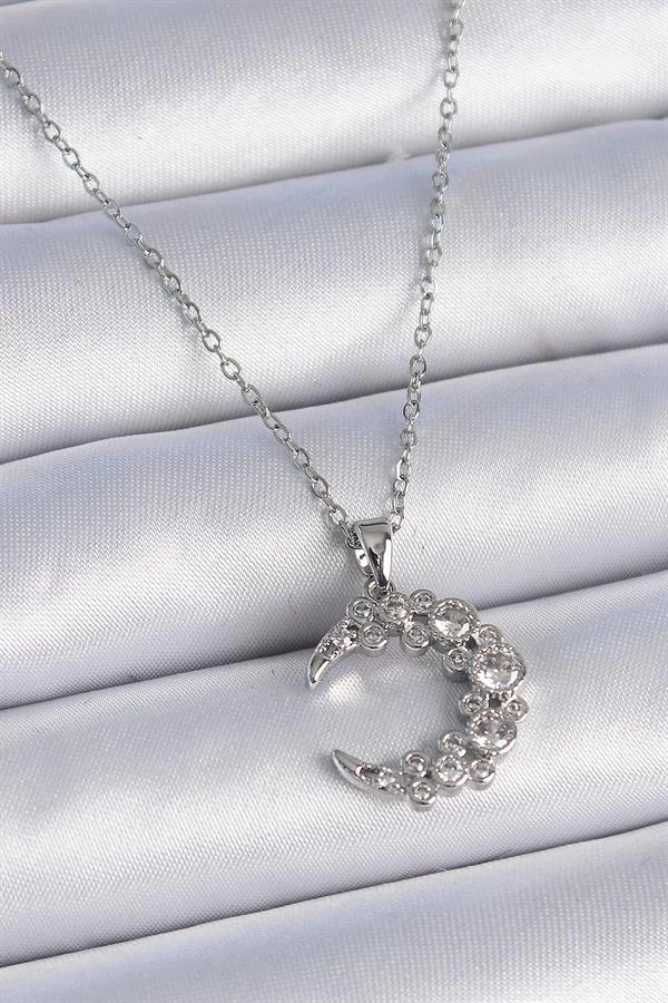 316l Çelik Zincir Gümüş Renk Zirkon Taşlı Hilal Model Kadın Kolye