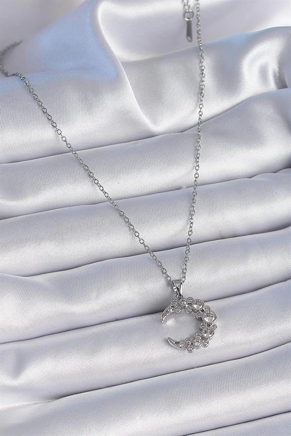 316l Çelik Zincir Gümüş Renk Zirkon Taşlı Hilal Model Kadın Kolye