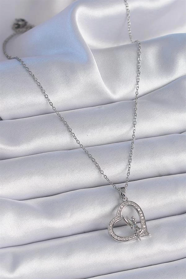 316l Çelik Zincir Gümüş Renk Zirkon Taşlı Kalp Model Melek Detay Kadın Kolye