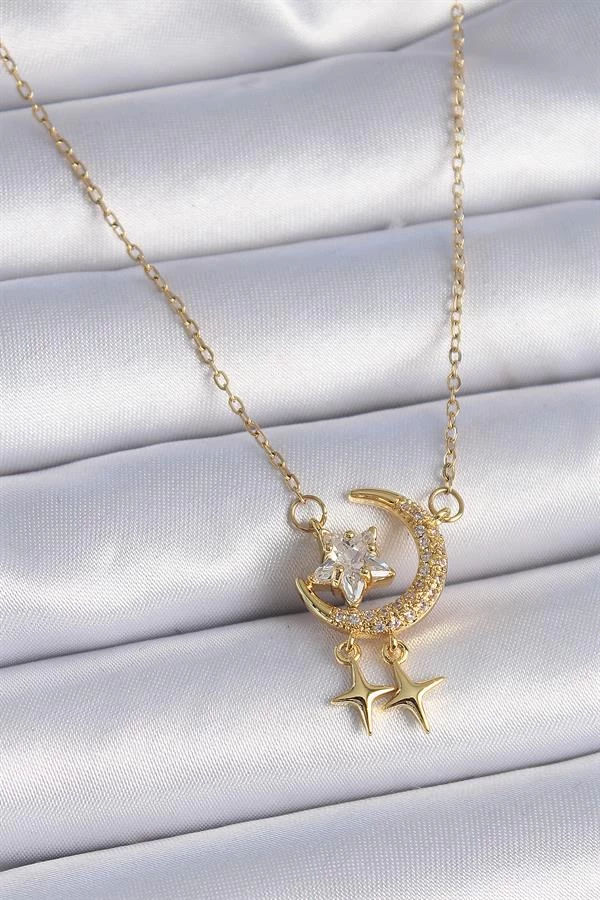 316l Çelik Zincir Gold Renk Zirkon Taşlı Hilal Model Yıldız Detay Kadın Kolye