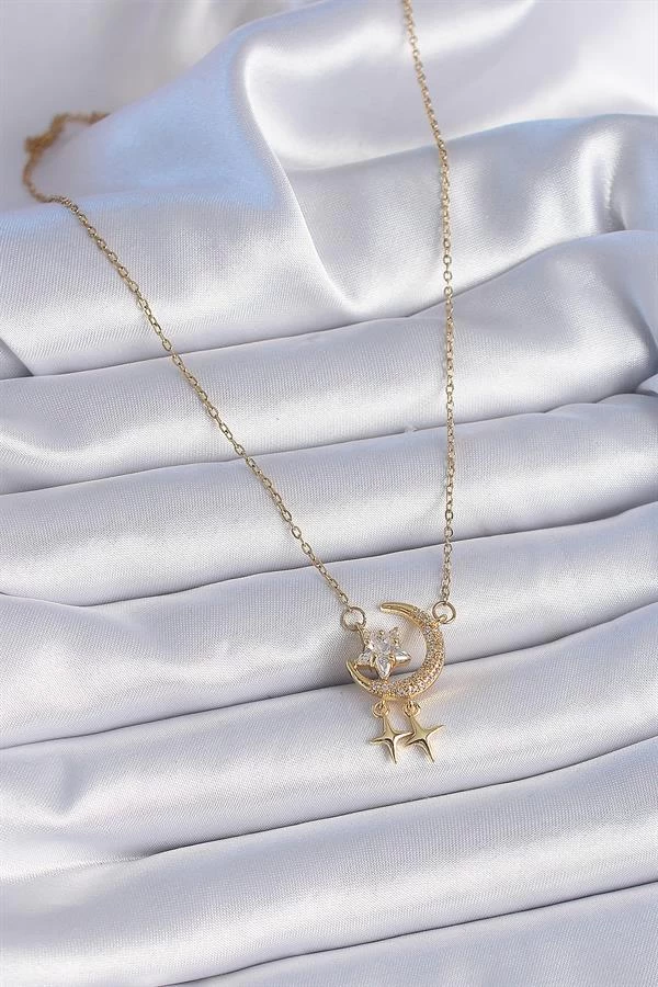 316l Çelik Zincir Gold Renk Zirkon Taşlı Hilal Model Yıldız Detay Kadın Kolye