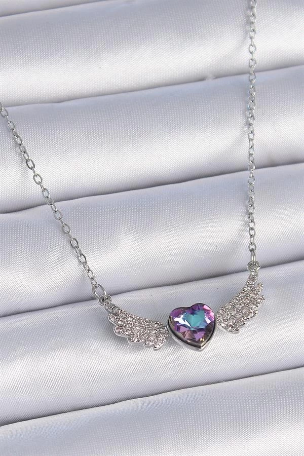 316l Çelik Zincir Gümüş Renk Mor Zirkon Taşlı Kanatlı Kalp Model Kadın Kolye