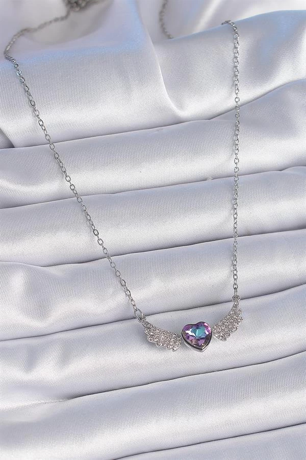 316l Çelik Zincir Gümüş Renk Mor Zirkon Taşlı Kanatlı Kalp Model Kadın Kolye