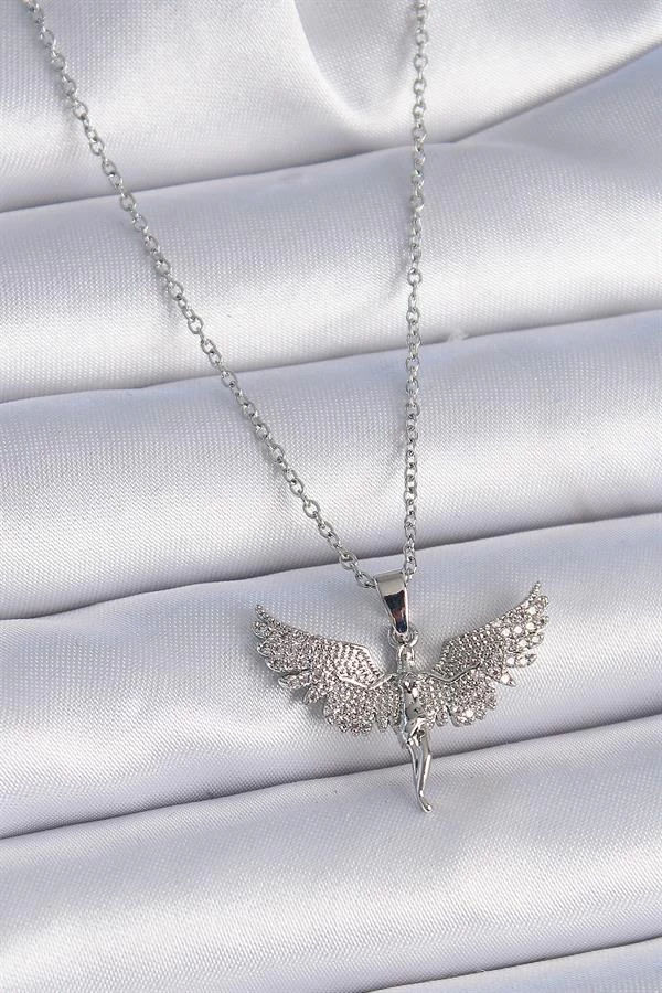 316l Çelik Zincir Gümüş Renk Zirkon Taşlı Melek Model Kadın Kolye