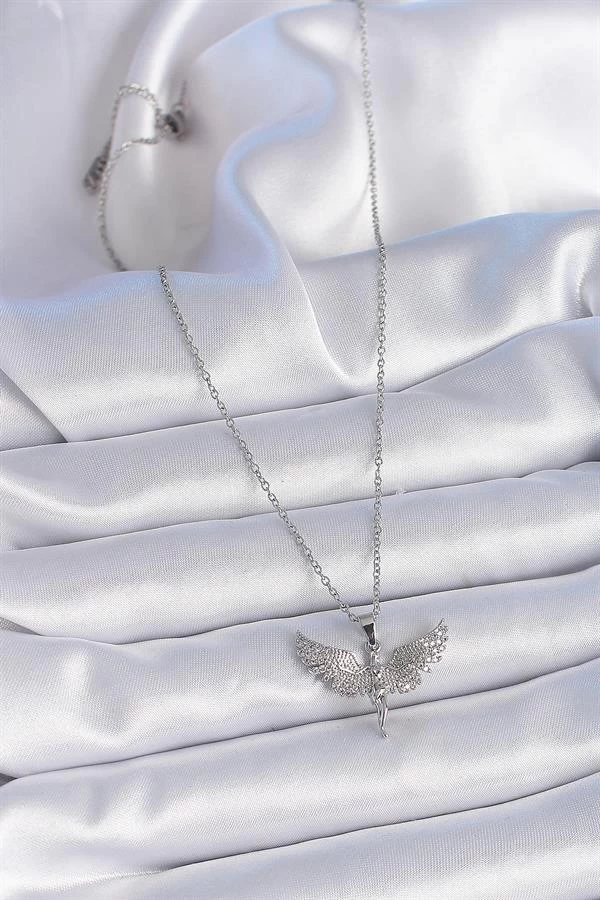 316l Çelik Zincir Gümüş Renk Zirkon Taşlı Melek Model Kadın Kolye