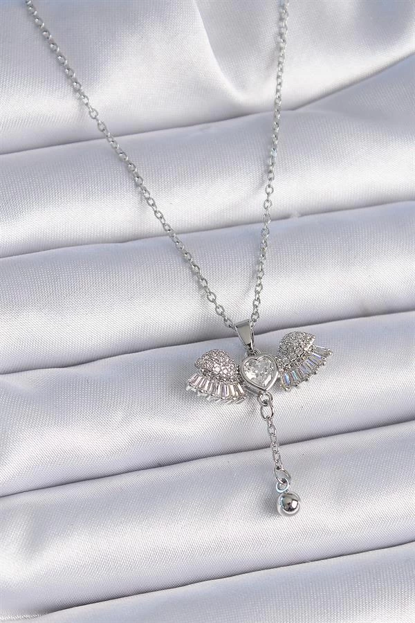 316l Çelik Zincir Gümüş Renk Zirkon Taşlı Kanat Model Sallantı Detay Kadın Kolye