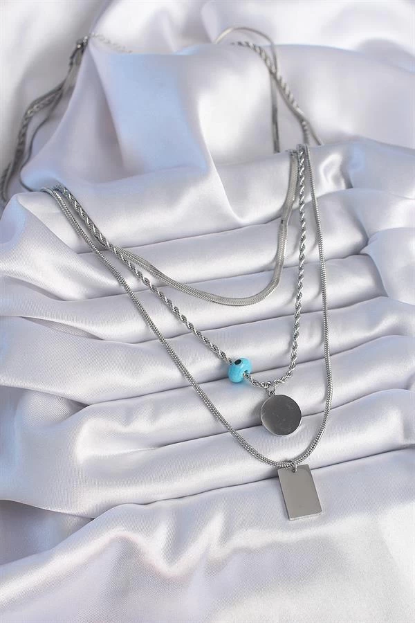 316l Çelik Gümüş Renk 3'lü Zincir Model Plaka Figür Kadın Kolye