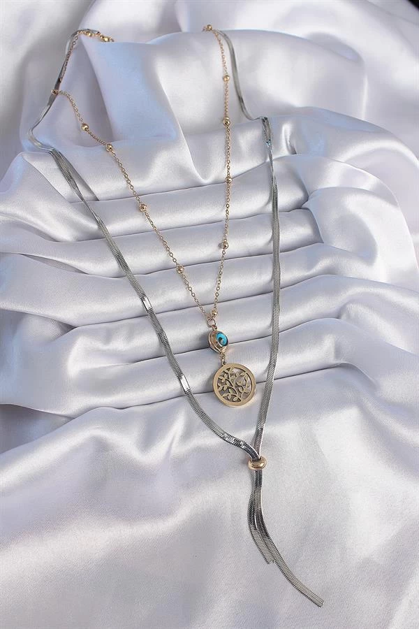 316l Çelik Mix Renk Filiz Figür Nazar Boncuk Detay Uzun Kadın Kolye