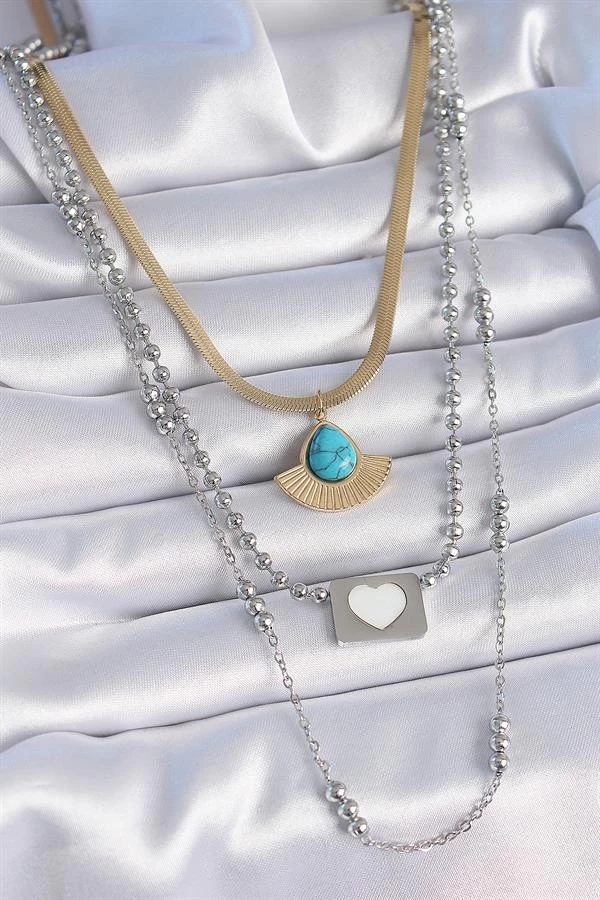 316l Çelik Mix Renk 3'lü Zincir Damla Madalyon Figür Uzun Kadın Kolye