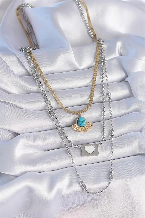 316l Çelik Mix Renk 3'lü Zincir Damla Madalyon Figür Uzun Kadın Kolye