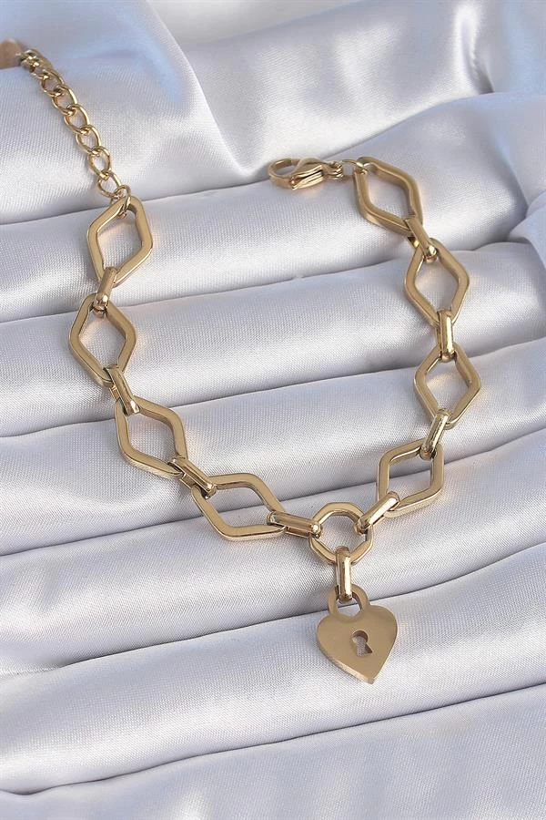 316l Çelik Gold Renk Zincir Model Kilit Kalp Figür Kadın Bileklik