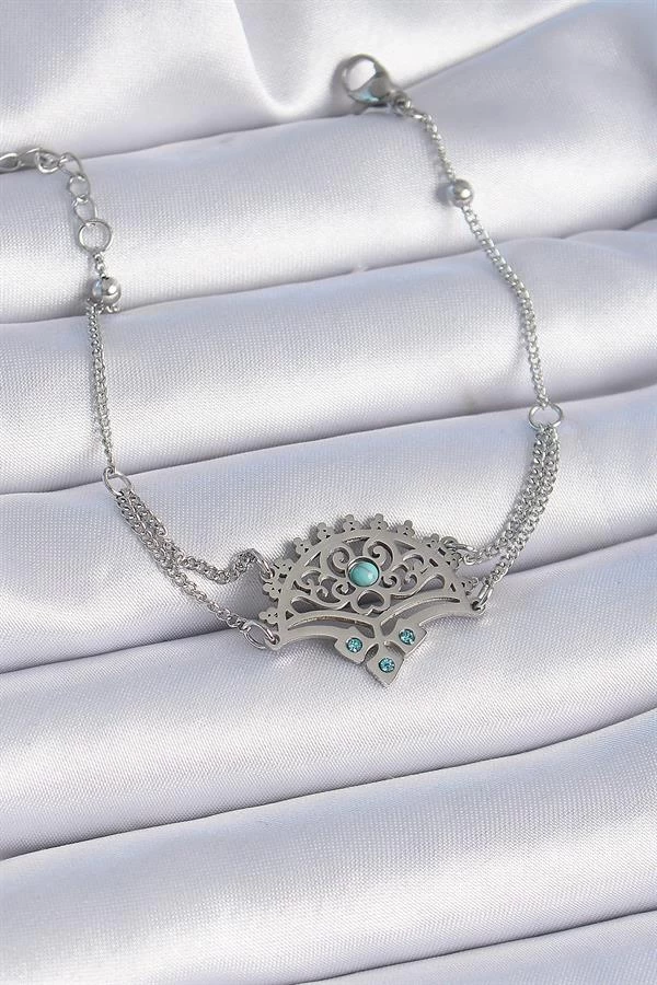 316l Çelik Gümüş Renk Mavi Taşlı Etnik Desen Kadın Bileklik