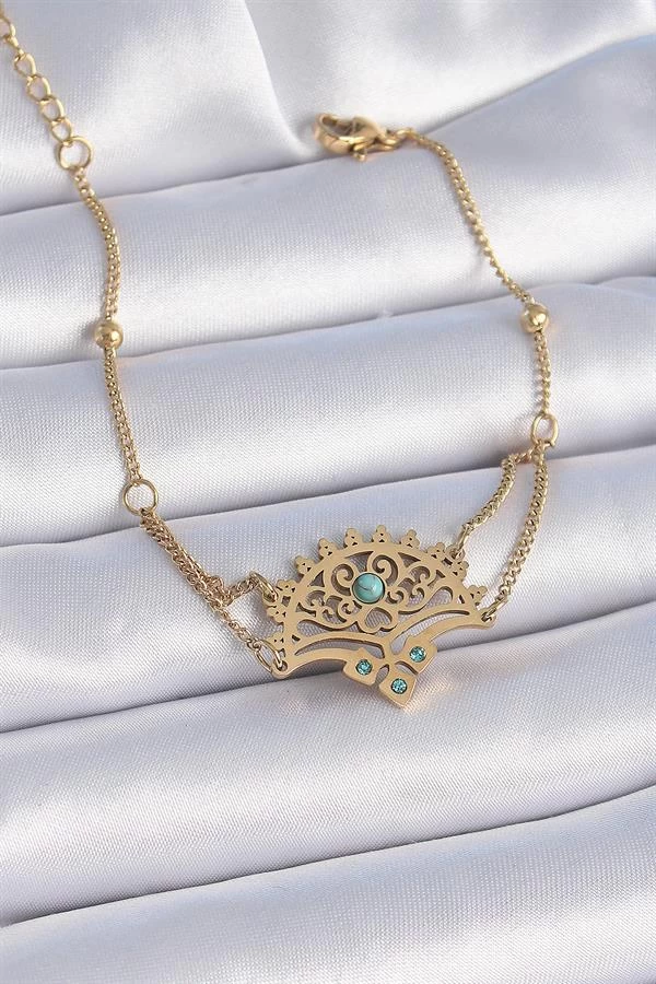 316l Çelik Gold Renk Mavi Taşlı Etnik Desen Kadın Bileklik