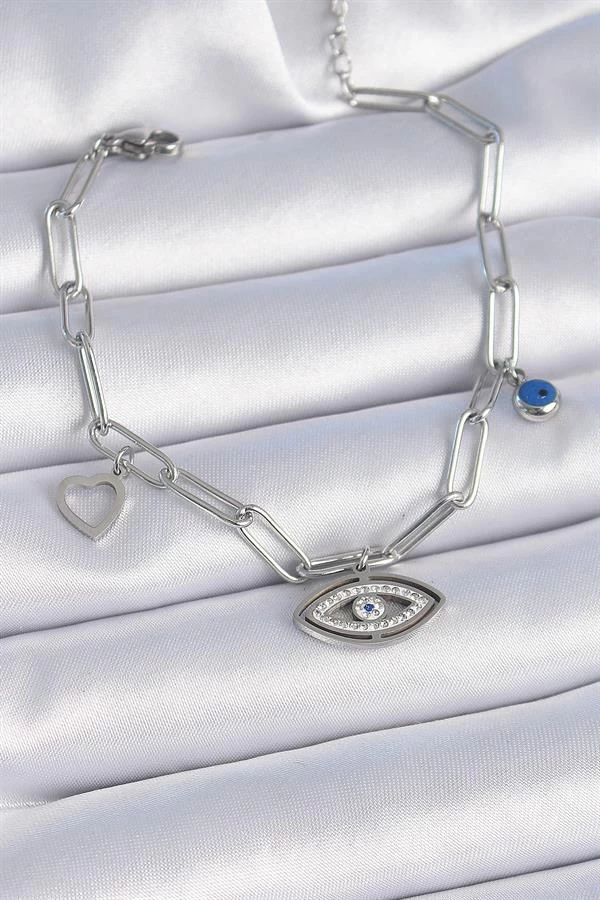 316l Çelik Gümüş Renk Zirkon Taşlı Göz Figür Kalp Detay Kadın Bileklik