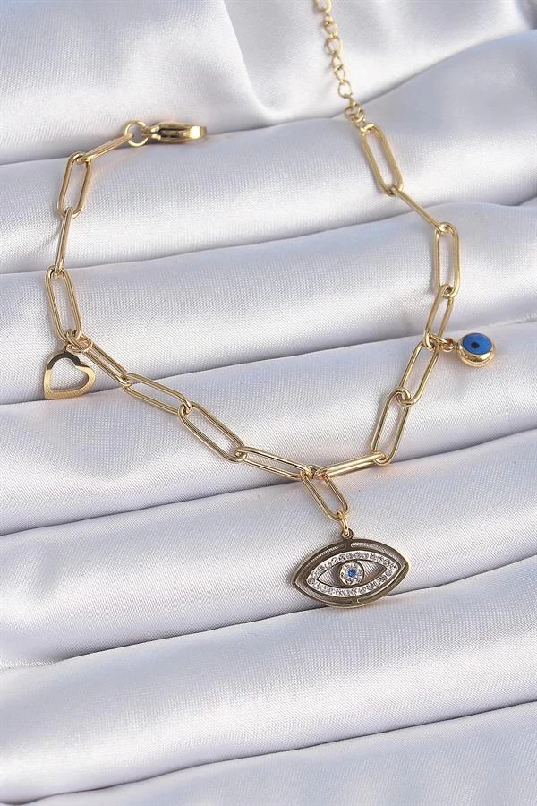 316l Çelik Gold Renk Zirkon Taşlı Göz Figür Kalp Detay Kadın Bileklik