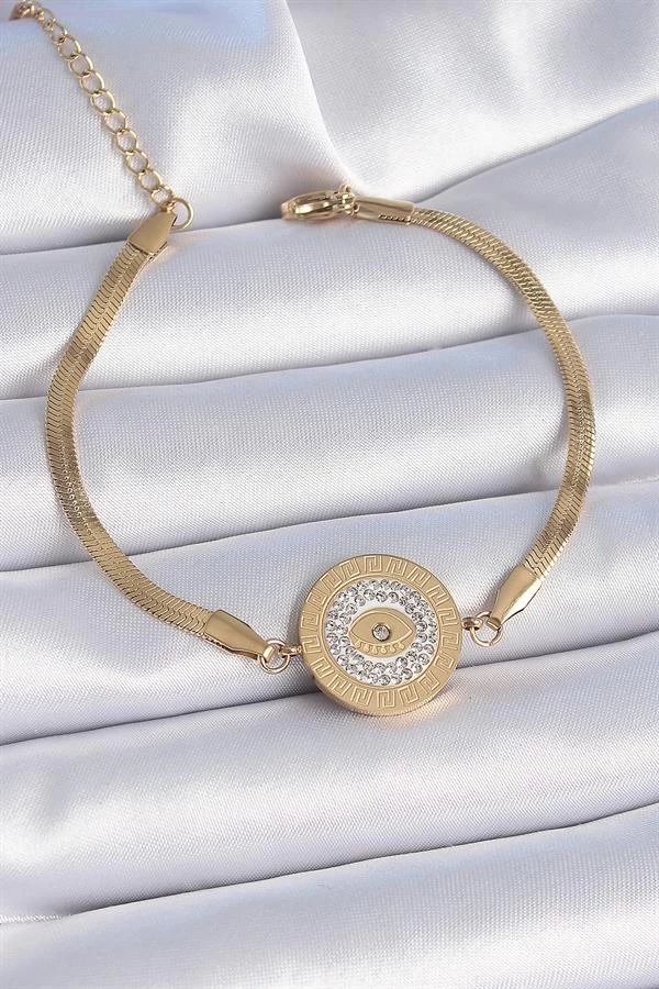 316l Çelik Gold Renk İtalyan Zincir Zirkon Taşlı Göz İşlemeli Madalyon Model Kadın Bileklik