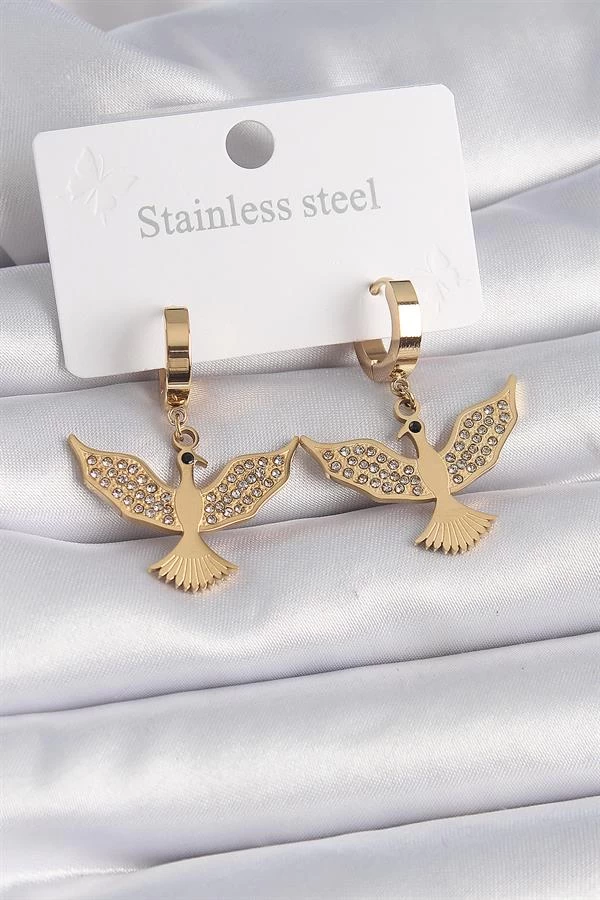 316l Çelik Gold Renk Zirkon Taşlı Anka Kuşu Model Kadın Küpe