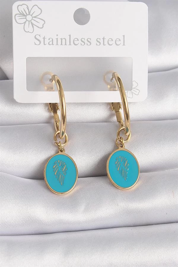 316l Çelik Gold Renk Halka Model Mavi İşlemeli Detay Kadın Küpe