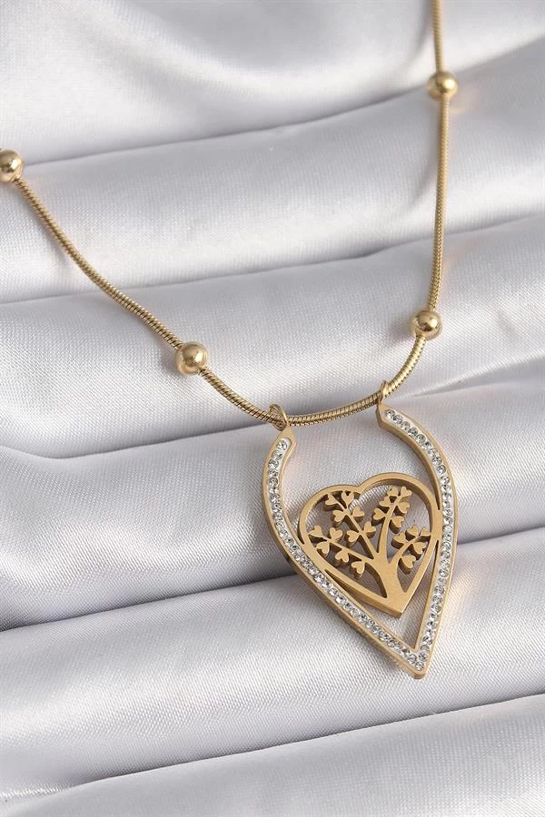 316l Çelik Gold Renk Zirkon Taşlı Detaylı Kalp Fidan Model Kadın Kolye