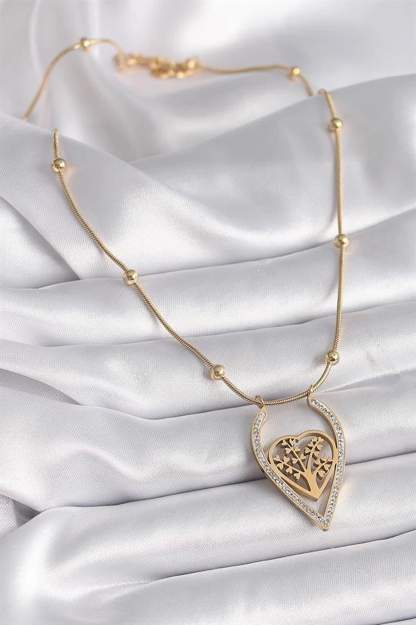 316l Çelik Gold Renk Zirkon Taşlı Detaylı Kalp Fidan Model Kadın Kolye