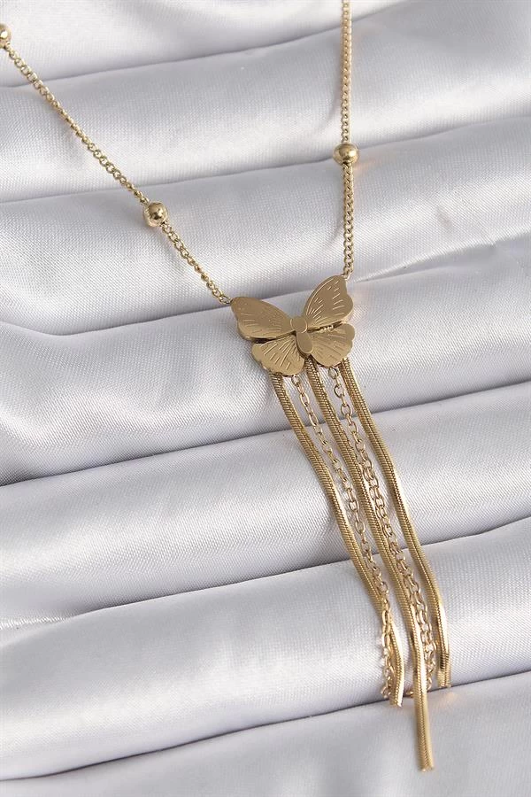 316l Çelik Gold Renk Kelebek Figür Sallantı İtalyan Zincirli Kadın Kolye