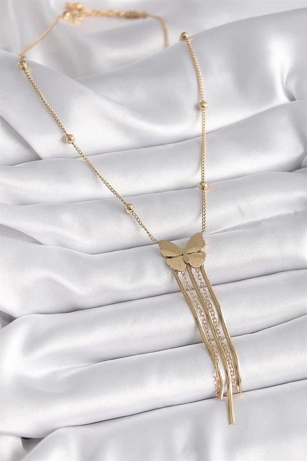 316l Çelik Gold Renk Kelebek Figür Sallantı İtalyan Zincirli Kadın Kolye