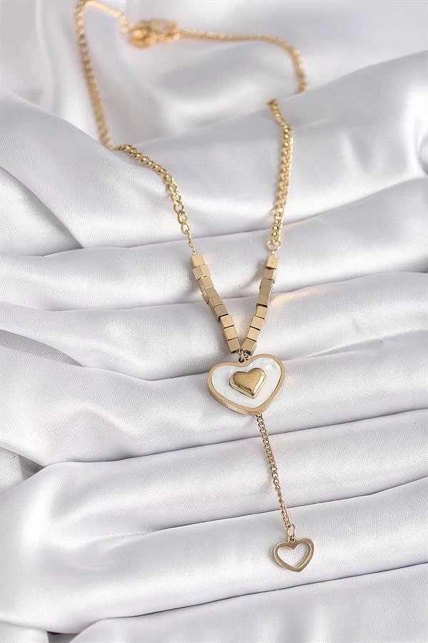 316l Çelik Gold Renk Beyaz Sedefli Kalp Model Sallantı Detay Kadın Kolye