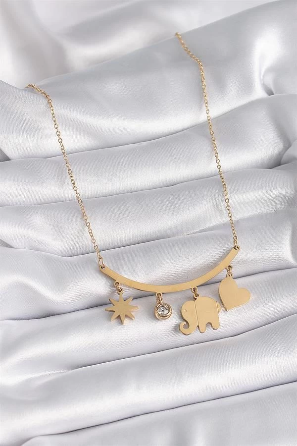 316l Çelik Gold Renk Fil Figür Zirkon Taş Detay Kadın Kolye