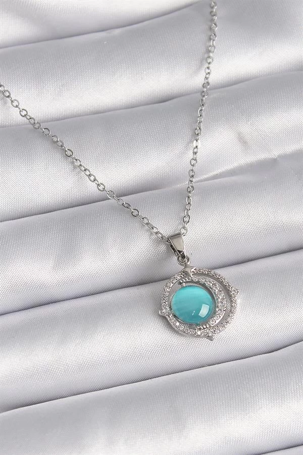 316l Çelik Gümüş Renk Mavi Sedefli Hilal Model Kadın Kolye