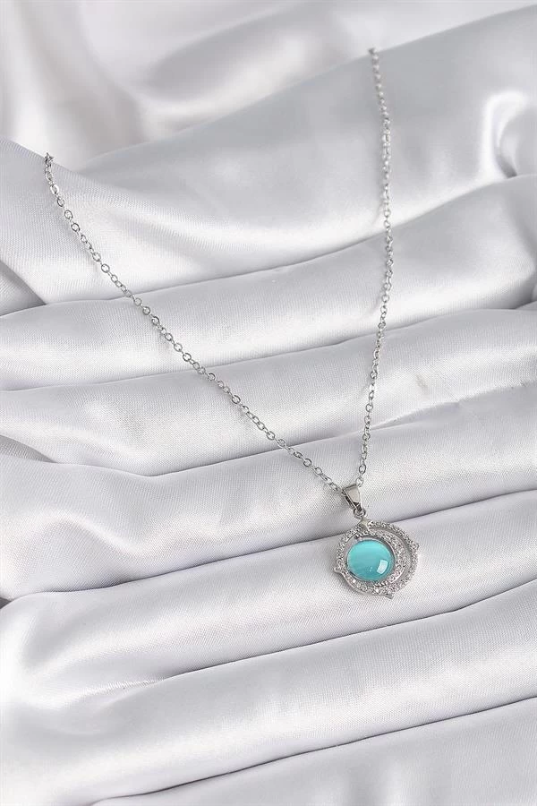 316l Çelik Gümüş Renk Mavi Sedefli Hilal Model Kadın Kolye