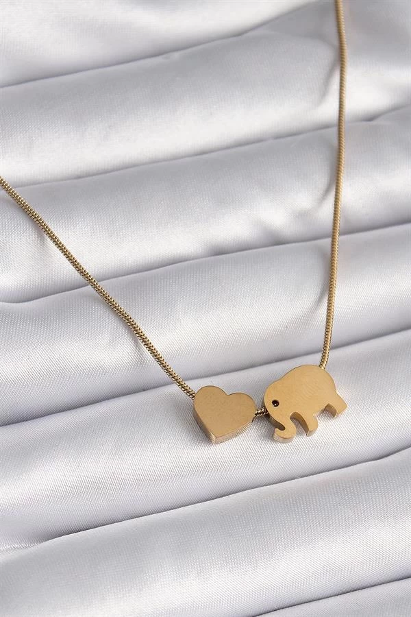 316l Çelik Gold Renk Fil Kalp Figürlü Kadın Kolye