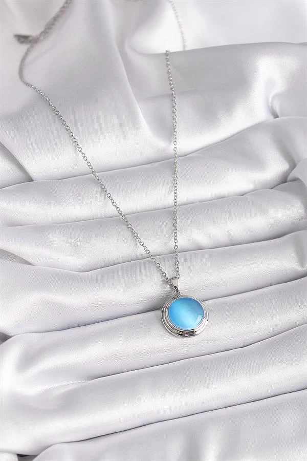 316l Çelik Gümüş Renk Mavi Sedefli Daire Model Kadın Kolye