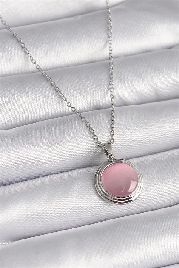 316l Çelik Gümüş Renk Daire Pembe Sedefli Model Kadın Kolye