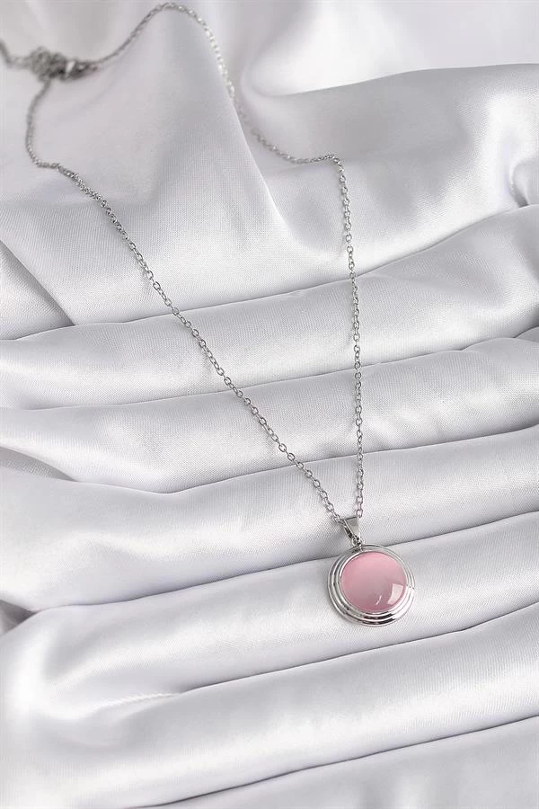 316l Çelik Gümüş Renk Daire Pembe Sedefli Model Kadın Kolye