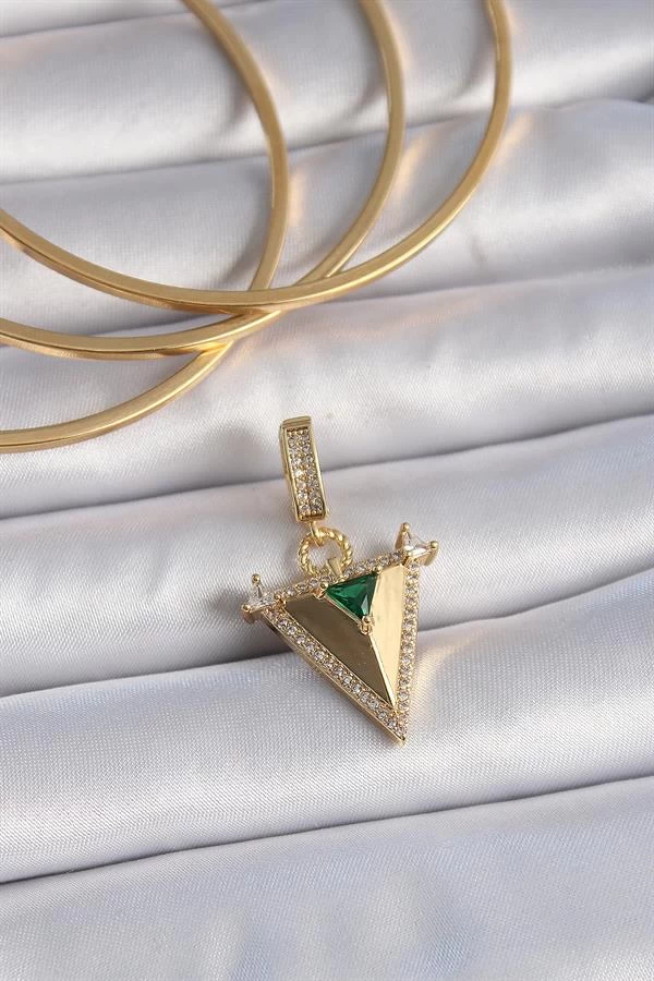 Pirinç Gold Renk Zirkon Taşlı 3d Üçgen Model Ajda Charm