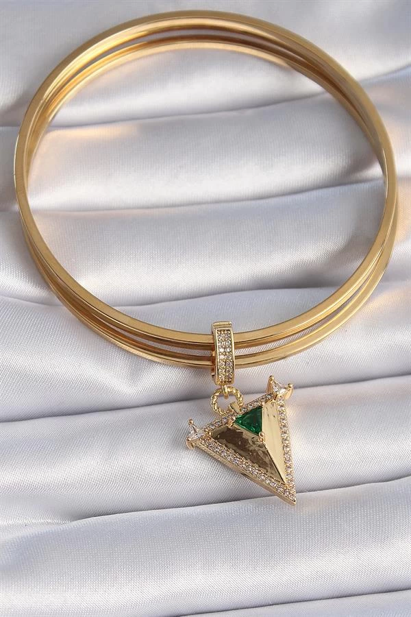 Pirinç Gold Renk Zirkon Taşlı 3d Üçgen Model Ajda Charm
