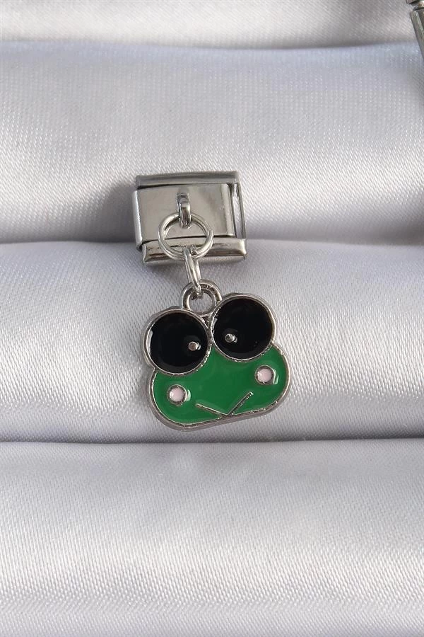 316l Çelik Gümüş Renk Sallantılı Yeşil Kurbağa Figür Nomination Charm