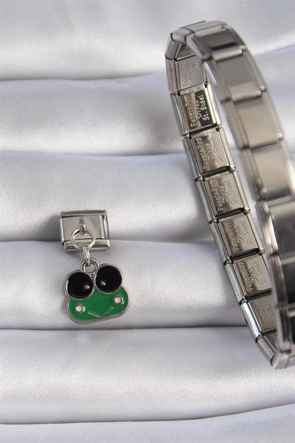 316l Çelik Gümüş Renk Sallantılı Yeşil Kurbağa Figür Nomination Charm