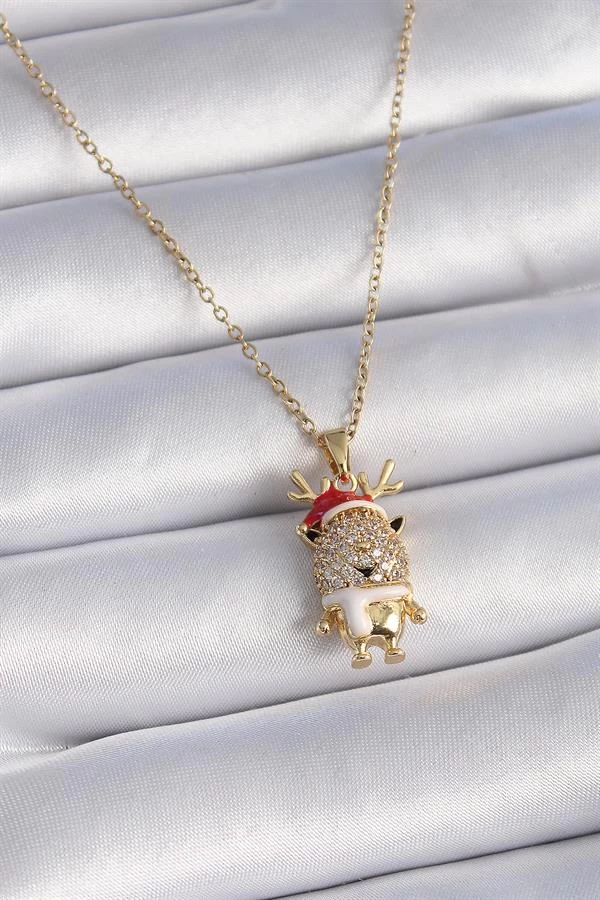 316l Çelik Gold Renk Zirkon Taşlı Yılbaşı Temalı Ren Geyiği Figür Kadın Kolye