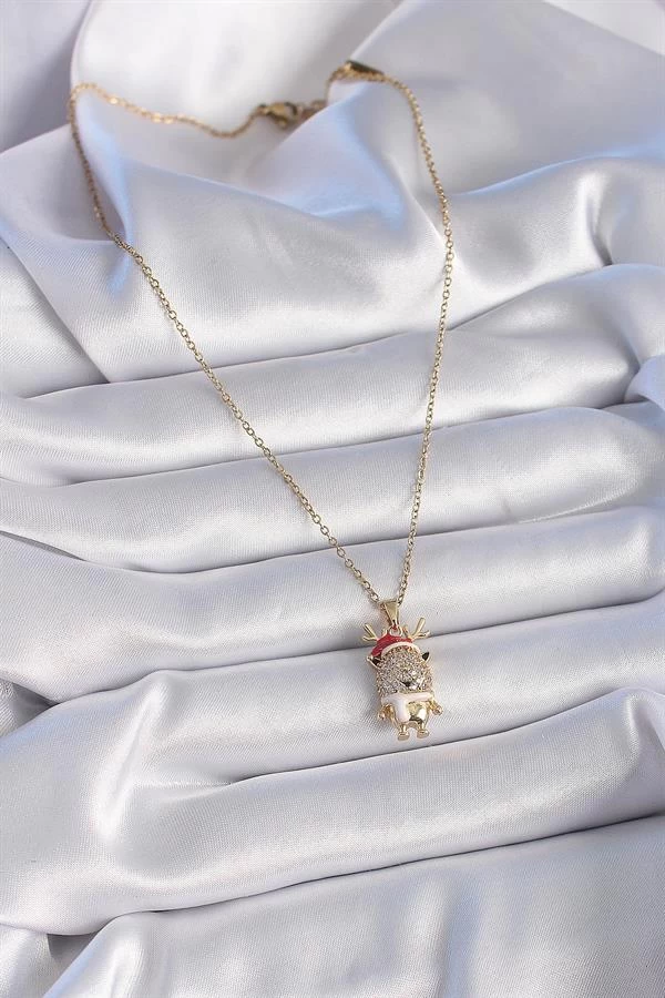 316l Çelik Gold Renk Zirkon Taşlı Yılbaşı Temalı Ren Geyiği Figür Kadın Kolye
