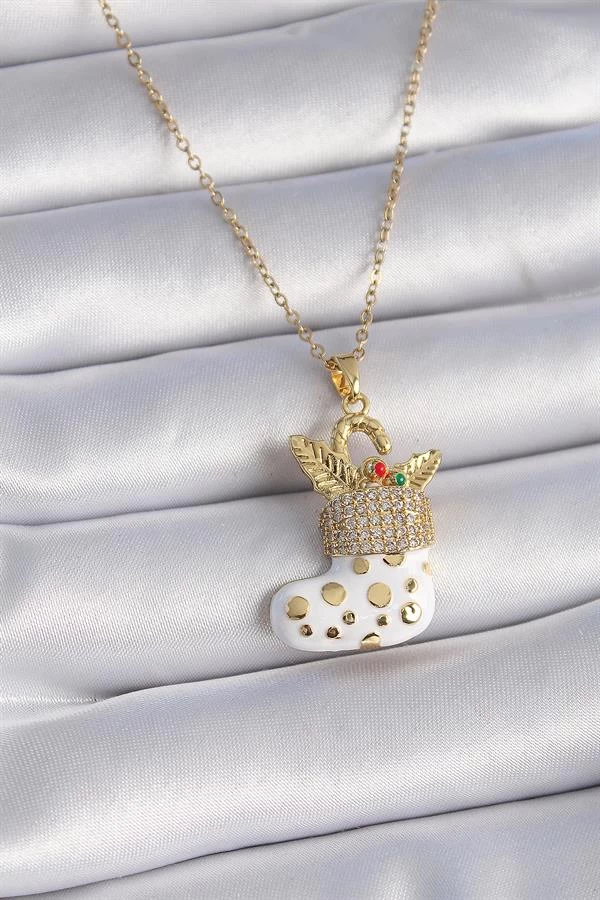 316l Çelik Gold Renk Zincir Zirkon Taşlı Yılbaşı Temalı Noel Çorabı Figür Kadın Kolye