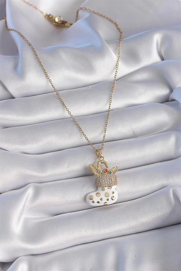 316l Çelik Gold Renk Zincir Zirkon Taşlı Yılbaşı Temalı Noel Çorabı Figür Kadın Kolye