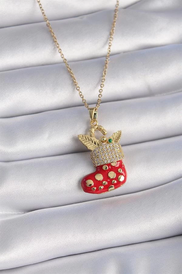 316l Çelik Gold Renk Zincir Zirkon Taşlı Yılbaşı Temalı Kırmızı Noel Çorabı Figür Kadın Kolye