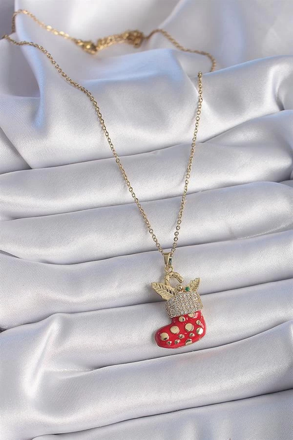316l Çelik Gold Renk Zincir Zirkon Taşlı Yılbaşı Temalı Kırmızı Noel Çorabı Figür Kadın Kolye