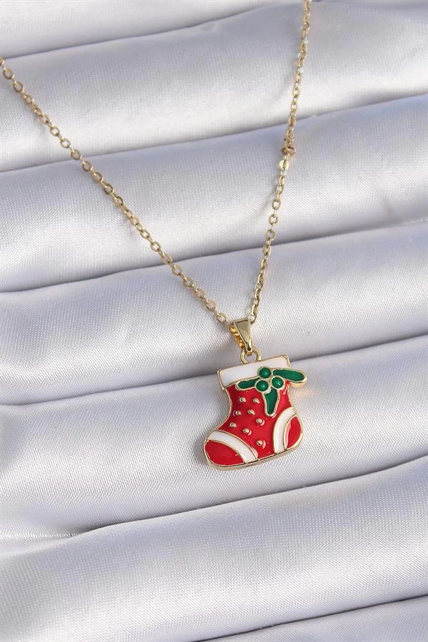316l Çelik Gold Renk Zincir Yılbaşı Temalı Kırmızı Noel Çorabı Figür Kadın Kolye