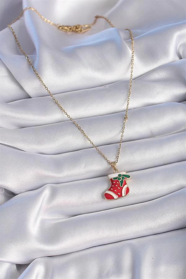 316l Çelik Gold Renk Zincir Yılbaşı Temalı Kırmızı Noel Çorabı Figür Kadın Kolye