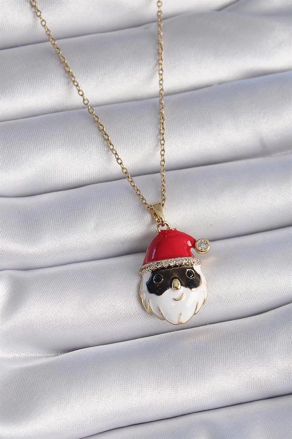 316l Çelik Gold Renk Zincir Zirkon Taşlı Yılbaşı Temalı Noel Baba Figür Kadın Kolye