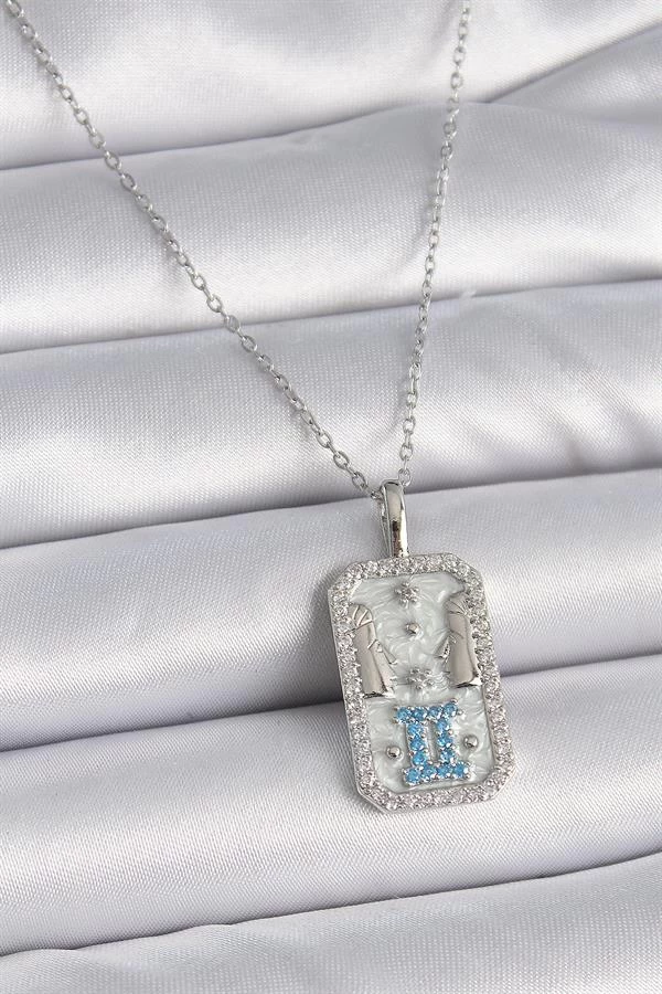 316l Çelik Gümüş Renk Zincir İkizler Burcu Zirkon Taşlı Kadın Kolye