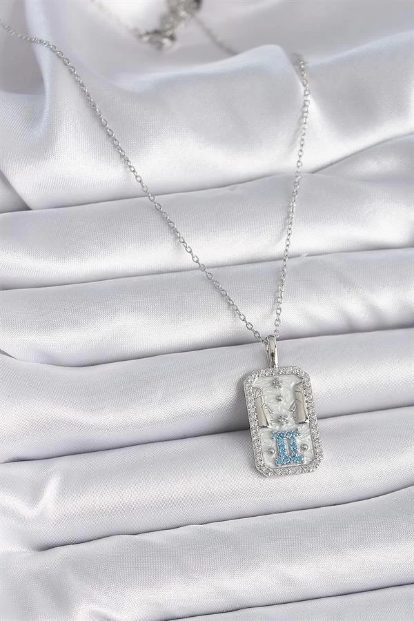 316l Çelik Gümüş Renk Zincir İkizler Burcu Zirkon Taşlı Kadın Kolye