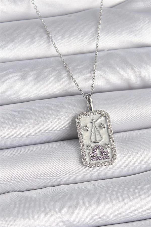 316l Çelik Gümüş Renk Terazi Burcu Zirkon Taşlı Kadın Kolye